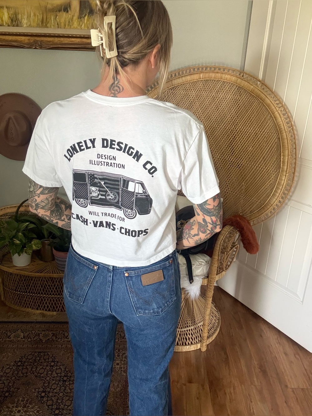 White Short Sleeve Tee with Black Van Graphic